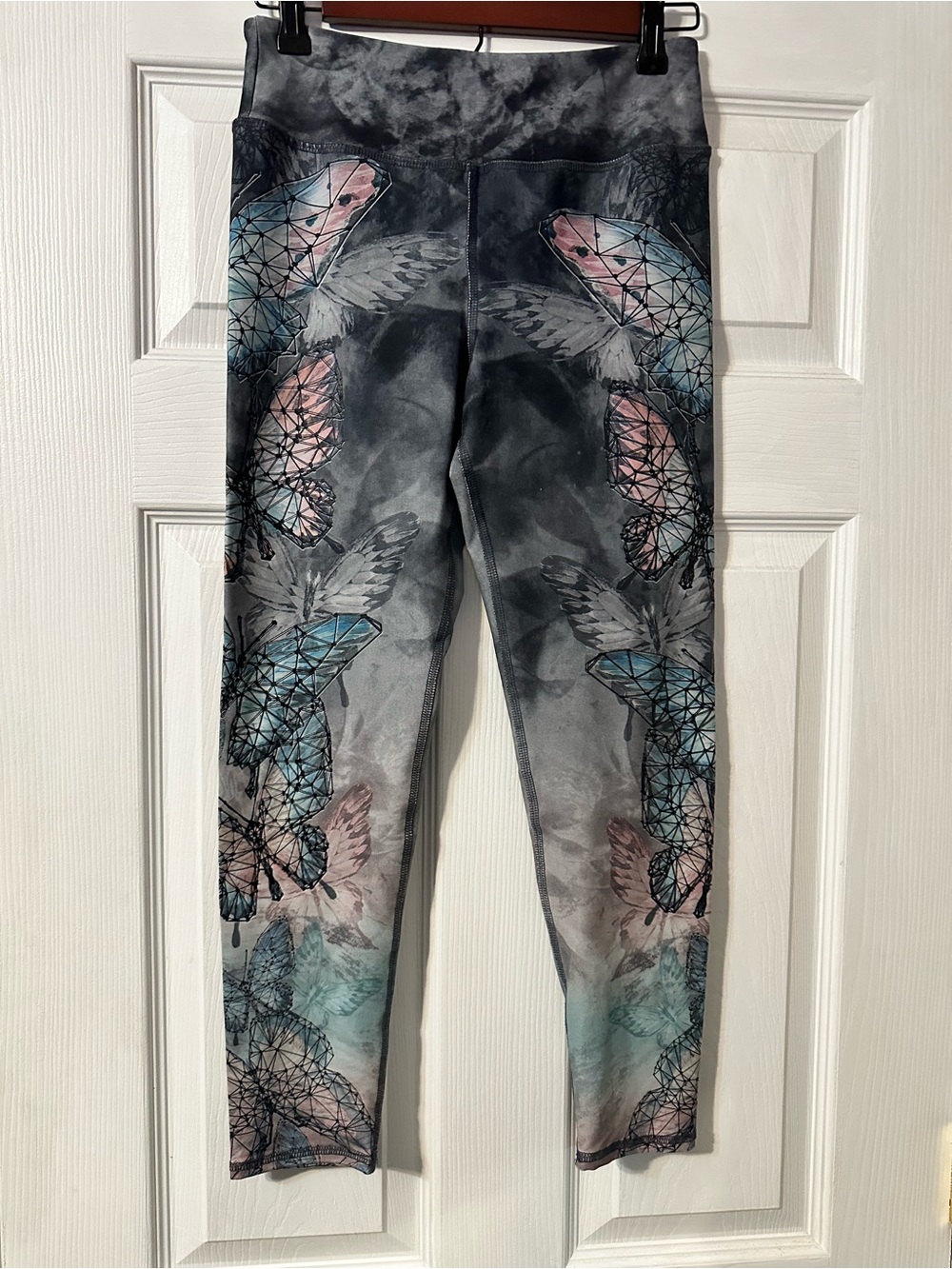 Evolution and Creation Grey Leggings with Pastel Blue and Pink Butterflies